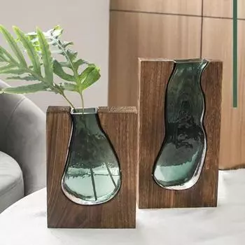 Wooden Glass Vase Transparent Flower Pot Home Decor Hydroponic Flower Holder Gift S-Style A