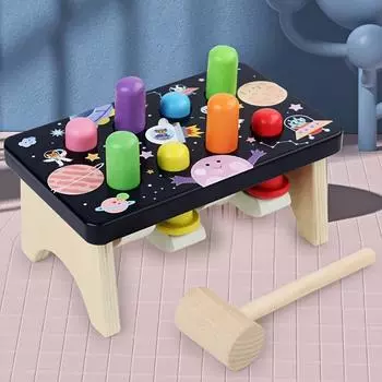 Wooden Hammering Toy with Colorful Pegs Educational Sensory Play for Youngsters, Fine Motor Skills Development, Space Themed Design, Perfect Gift Planet Knocking Stand