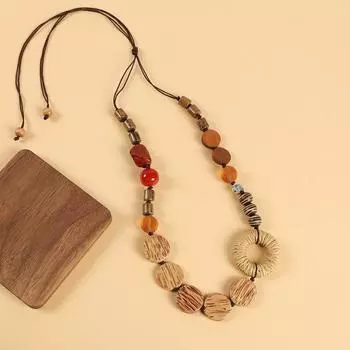 Wooden hand-woven retro sweater chain women s long short flower necklace literary temperament niche accessories