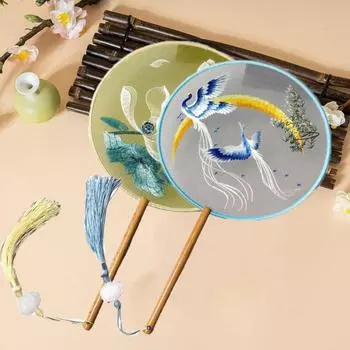 Wooden Handle Embroidery Round Fan Round Hanfu Hand Fan Portable Flower Silk Fan for Guests Style A