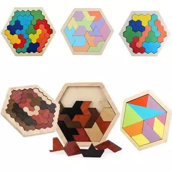 Wooden Hexagon Intelligence Geometric Puzzle Kindergarten Baby Children s Building Blocks Tangram Toy разноцветный