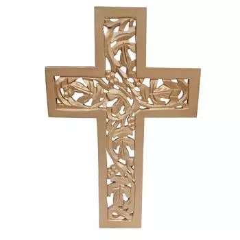 Wooden Jesus Christ Wall Cross: Hand Carved Antique Design Hanging Plaque For Home Altar Room Decor, Dull Gold