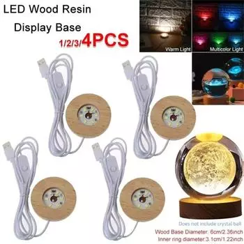 Wooden LED Light Display Base Crystal Glass Resin Art Ornament USB Round Wooden Night Lamp Base Led Wood Lamp Holder Home Decor