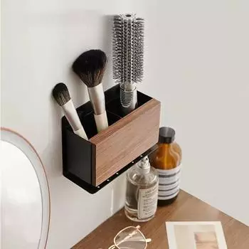 Wooden Metal Makeup Brush Storage Tube Bathroom Comb Holder Toothpaste Toothbrush No Punching Wall Mounted Bathroom Razor Holder чёрный