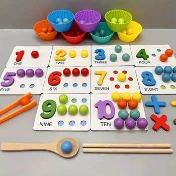 Wooden Number Puzzle and Bead Matching Game with Tweezers for Fine Motor Skills Development Multicolor Counting and Color Sorting Toy for Ages 3+ Clip Beads Operation
