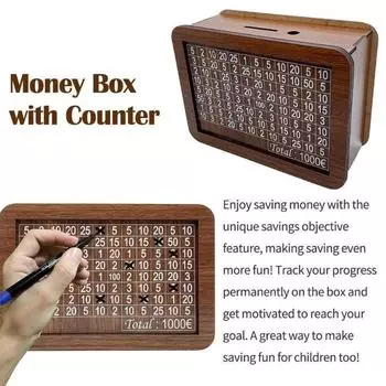 Wooden Piggy Bank with Target Reusable Digital Verification to Cultivate Savings Habits Handmade Retro Money Box