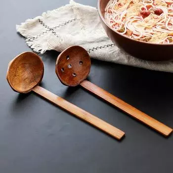 Wooden Ramen Soup Spoon Colander Japanese Style Long Handle Tableware Large Spoons Home Kitchen Cooking Dinnerware Tools