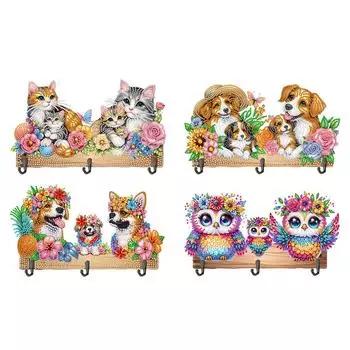 Wooden Special Shaped Warm Animal Family Rhinestone Painting Keychain Hanger Diamond Painting Art Hooks DIY Crafts Decor