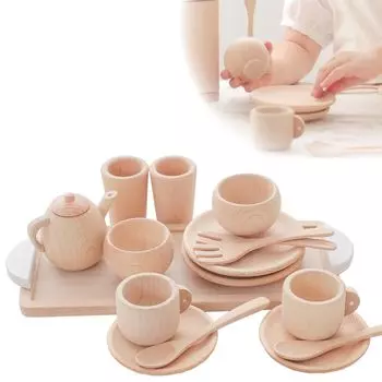 Wooden Toy Daiwa Mini Tableware Set Wooden Toy Tea Set Tea Party Wooden Tableware Wooden Tableware Set Play House Play Kitchen Play Set (White)