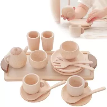Wooden Toy Daiwa Mini Tableware Set Wooden Toy Tea Set Tea Party Wooden Tableware Wooden Tableware Set Play House Play Kitchen Play Set (Brown)