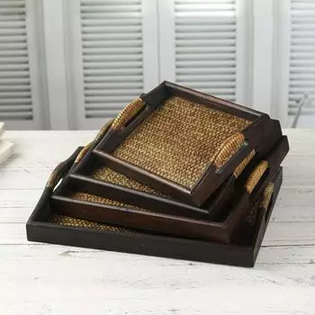 Wooden Tray Thai Rattan Beauty Salon Tray Hotel Rectangular Water Cup Tea Cup Storage Tea Tray 28x36x4cm