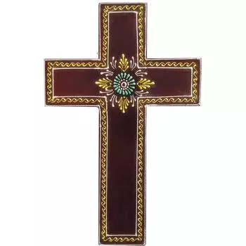Wooden Wall Cross Earth : Handpainted Mangowood Plaque, Large, Brown коричневый