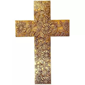 Wooden Wall Cross: Handmade Mangowood Plaque With Embossed Metal Sheet, Gold золотистый