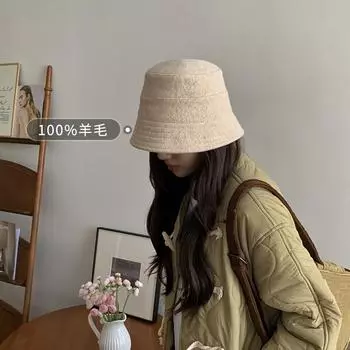 Wool bucket hat women s 2024 autumn and winter new high-end temperament show face small bucket hat plush warm basin hat Adjustable