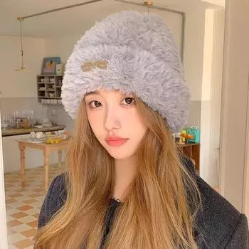 Wool hat, winter women s versatile knitted bag, small face, warm, windproof and cold-proof, plush big head circumference, cold hat average size чёрный
