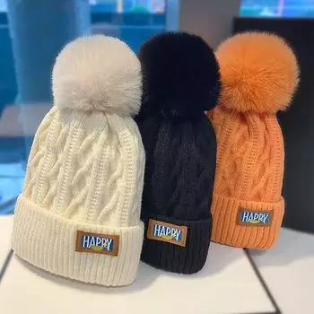 Wool hat women s new winter plush thickened warm knitted hat wool hat Japanese big head circumference antifreeze ear protection молочный белый