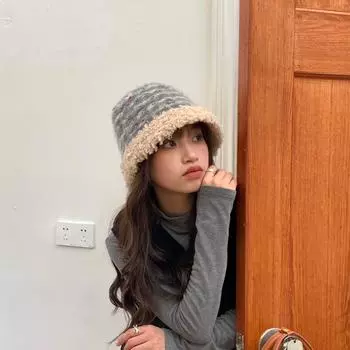 Wool high quality autumn and winter wool knitted hat winter warm round face small cold hat striped bucket hat tide One size серый