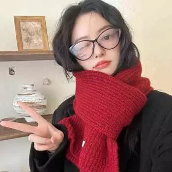 Шерстяной вязаный однотонный шарф женский теплый студенческий парный маленький мужской шарф светло-синий