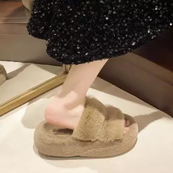 Wool slippers women wear 100% really lazy rabbit hair 2024 spring and autumn new thick-bottomed plush office cotton slippers 35 чёрный