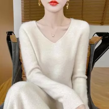 Wool sweater women s autumn and winter new V-neck sweater loose pullover long-sleeved wool knitted bottoming sweater pink M