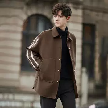 Wool Woolen Coat Medium and Long Men s Double-sided Non-cashmere Short Coat Men s Thickened Trench Coat Winter Wear M