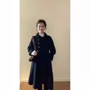 Шерстяное пальто женское 2024 осень-зима новое черное пальто в стиле Хепберн средней и длинной длины, высококлассная одежда в зарубежном стиле S чёрный