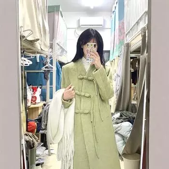 Шерстяное пальто женское зимнее новое китайское ретро-национальное пальто средней и длинной длины с пряжкой-диском шерстяное пальто маленькое свободное и утолщенное S зелёный