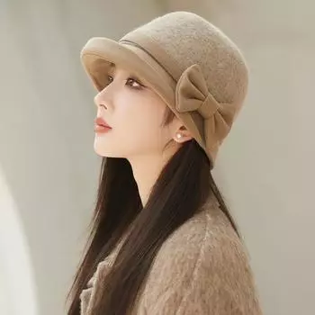 Woolen Fisherman Hat Women Autumn and Winter French style Retro Hepburn Style Foreign Gold Hat Temperament Bow Socialite Gift Hat Khakis (main drawing) M (56-58 cm)