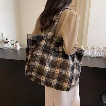 Шерстяная клетчатая большая сумка женская портативная сумка через плечо для поездок на работу красный