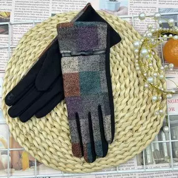 Woolen Plaid Gloves Women S Touch Screen Split-Finger Piled Thickened Warm Cycling Gloves average size