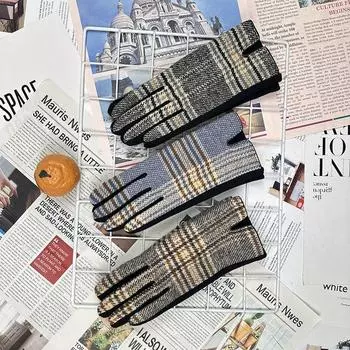 Woolen Plaid Thermal Gloves, Autumn Lady Piled Thickened Thermal Cycling Gloves Can Touch The Screen