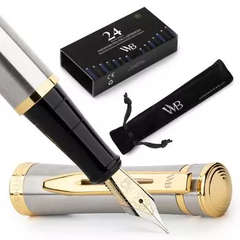Wordsworth and Black Fountain Pen Роскошный набор перьевых ручек среднего размера с 24 чернильными картриджами Заправляемый конвертер чернил для перьевых ручек [Серебряный/Золотой] -