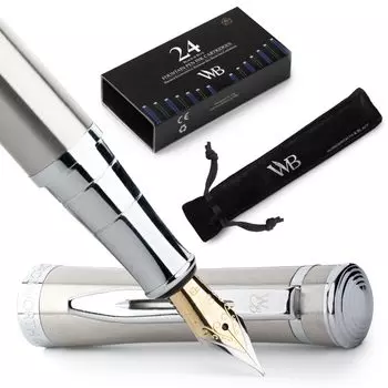 Wordsworth Black Fountain Pen Extra Fine 24 Pack Ink Ink Refill Converter and Gift Chrome Perfect for Men and Women & Set, Nib, Cartridges, Pouch,