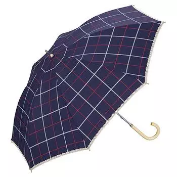 World Party Parasol Long Umbrella Navy 50cm Ladies Pen Check NV 81-8449