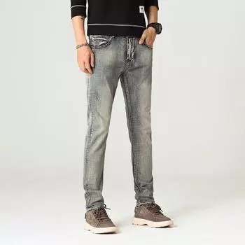 Worn Patch Men s Stretch Casual Jeans Men s Retro Pleated Slim Fitting Small Straight Leg Pants Men s 28