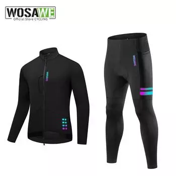 WOSAWE осень и зима мужская ветрозащитная теплая светоотражающая термокуртка с длинным рукавом карман из молочного шелка с подкладкой дышащие велосипедные штаны шоссейный велокомбинезон S чёрный