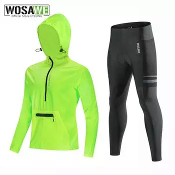 WOSAWE велосипедные комплекты с капюшоном, ветрозащитная легкая велосипедная ветровка, велосипедные длинные штаны, 5D гелевые подушечки M чёрный