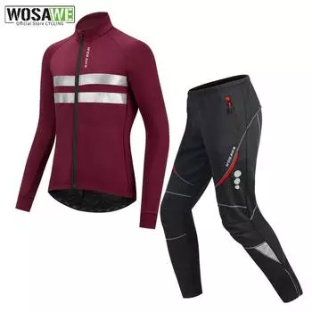 WOSAWE зимние велосипедные комплекты, теплая флисовая теплая куртка, брюки, ветрозащитный костюм для езды на велосипеде MTB 2XL красный