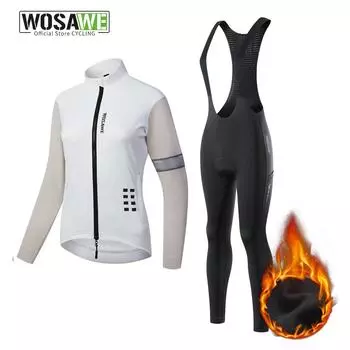 WOSAWE зимние женские велосипедные комплекты, термофлисовый велосипедный нагрудник, длинные брюки, силиконовая губка, спортивная одежда на открытом воздухе XS белый