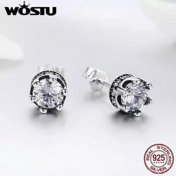 WOSTU 100% серебро 925 пробы, нежная корона, прозрачные серьги-гвоздики CZ для женщин, ювелирные изделия Brincos, подарок