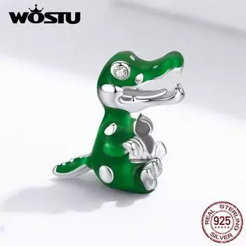 WOSTU 100% стерлингового серебра 925 пробы, маленькие подвески в виде крокодила, зеленая эмаль, бусины в виде животных, подходят для браслета 925 silver