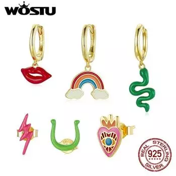 WOSTU 1 шт. Золотая эмаль Радужная серьга из стерлингового серебра 925 пробы Серьги в виде глаз любви Красная губа Змея Подсолнух Розовая серьга-молния