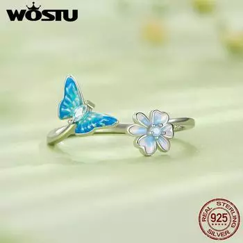 WOSTU 925 пробы серебро эмаль цветок и бабочка открывающееся кольцо регулируемое кольцо для женщин циркон ювелирные изделия 925 silver