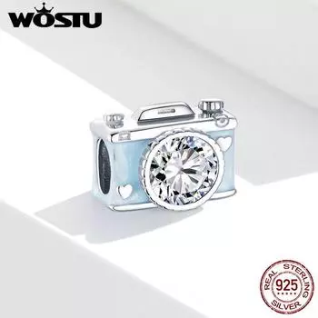 WOSTU 925 пробы серебро блестящий циркон синий камера фотография бусины DIY женский браслет 925 silver