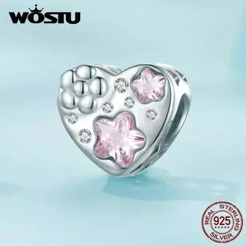 WOSTU 925 пробы серебро бусина в форме сердца розовый циркон звезда и цветок подвеска для женщин браслет и браслет DIY ювелирные изделия 925 silver