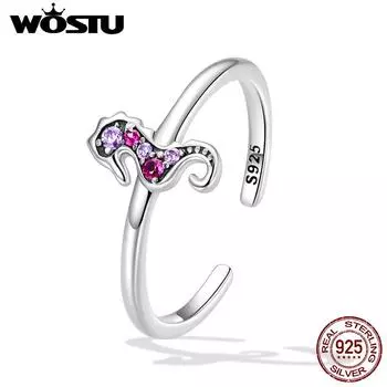 WOSTU 925 пробы, серебро, океан, морской конек, открытые кольца, фиолетовое и розово-красное, с цирконом, регулируемое кольцо на палец для женщин, ювелирные изделия