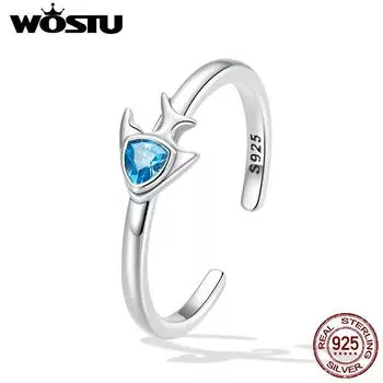WOSTU 925 пробы, серебро, океанская рыба, открытые кольца, синий треугольный циркон, регулируемое кольцо на палец для женщин, простые ювелирные изделия 925 silver