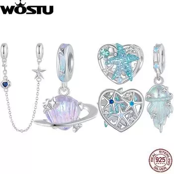 WOSTU 925 пробы серебро синий океан подвески планета ракушка кулон морская звезда бусины подходят оригинальный браслет DIY летний подарок SCC2808