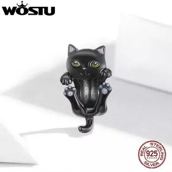 WOSTU 925 пробы серебро синтетическая эмаль черный мультяшный кот очаровательные бусины для оригинальных 3 мм браслетов и ожерелья 925 silver