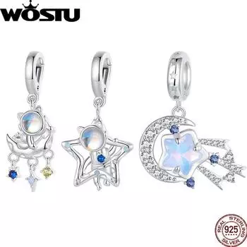WOSTU 925 пробы серебро сверкающий Ловец снов падающая звезда кулон лунный камень астронавт подвеска подходит оригинальный браслет для женщин SCC2671